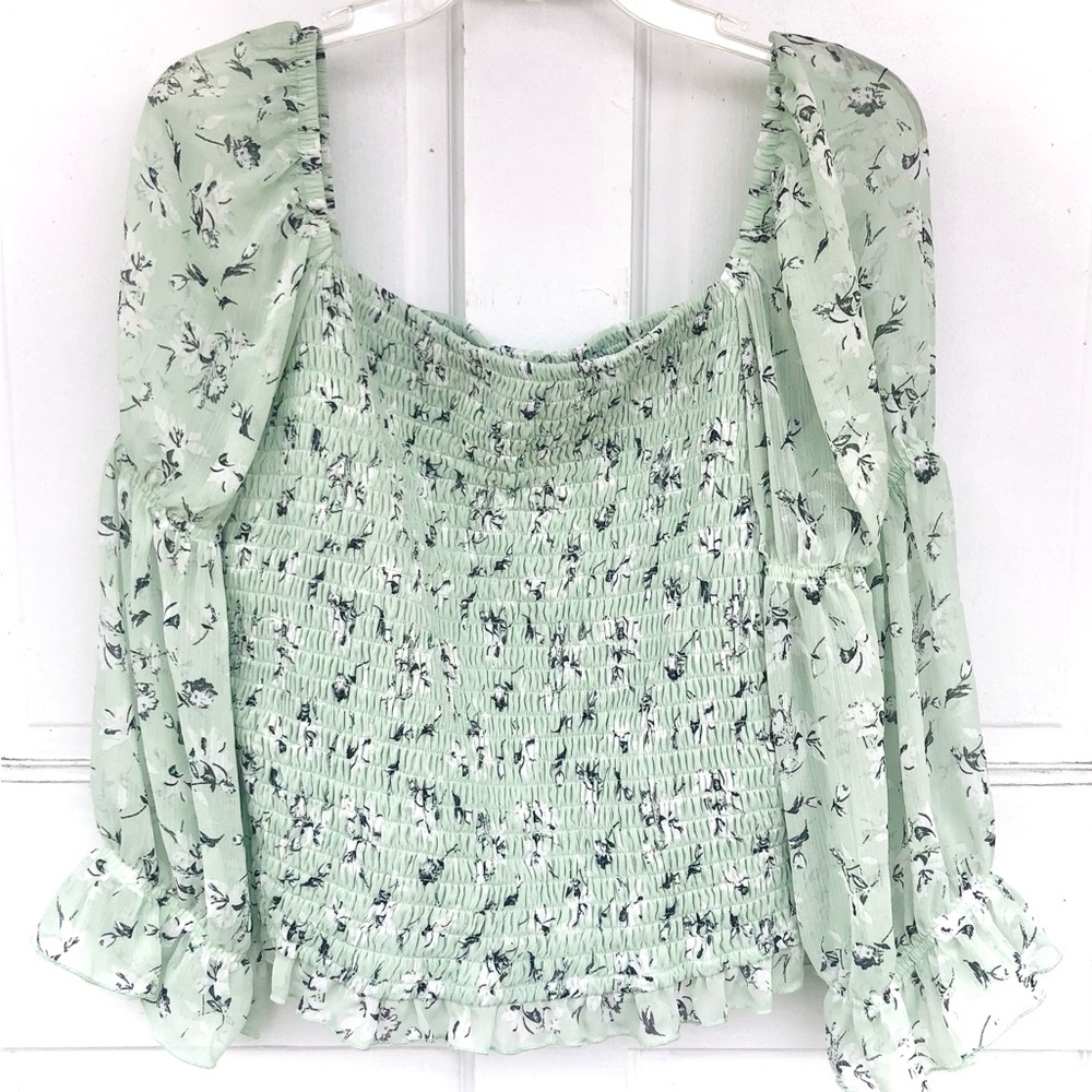 by & by Mint Green Floral Smocked Blouse with Sheer Balloon Sleeves | Size XXL